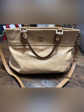MCM Beige Tan Embossed Leather Shoulder Tote with Detachable Strap